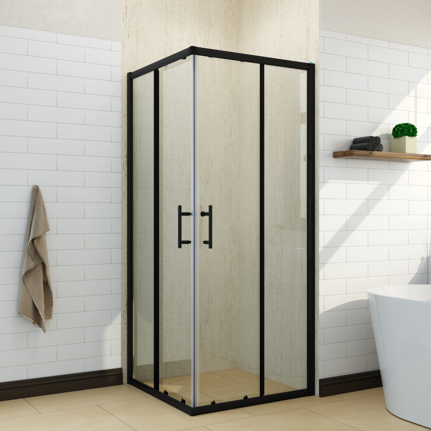 Square Matt Black Shower Screen Corner Sliding Double Door ...