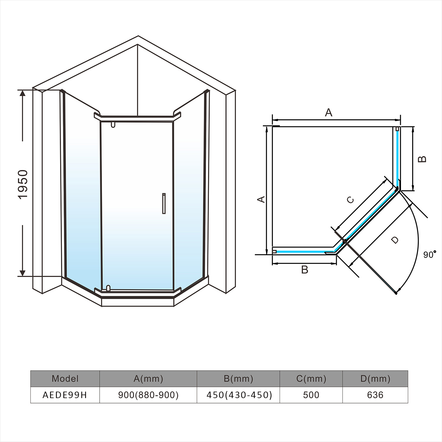 Frameless Shower Screen 900 x 900mm Diamond Shape Easy Clean Glass | eBay